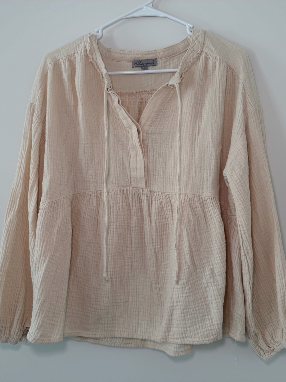 Wishlist Apparel Beige Cotton Gauze V-Neck Tie Front Blouse Women’s Size M/L